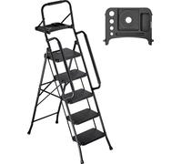 Escalera de 5 peldaños, taburete plegable con plataforma antideslizante de gran superficie, bandeja para herramientas, barandillas laterales dobles, capacidad de carga de 272 kg. Escalera de acero por