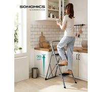 Escalera de tijera SONGMICS, escalera de 3 escalones, escalera plegable, cerradura de seguridad, almacenamiento que ahorra espacio, 150 kg, gris paloma/simiply blanco Blanco Simple