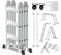 Escalera multifunción 4x3, escalera multifuncional 7 en 1 de 360 cm, escalera de aluminio plegable con 2 plataformas y ruedas, 12 escalones, capacidad de hasta 150 kg, ideal para el hogar, jardín, gar