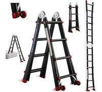 Escalera multifunción de aluminio, 4 metros | 4x4 escalones | Escalera multifuncional 5 en 1 con ruedas desmontables y estructura triangular reforzada | Escalera de caballete, escalera de tijera | Esc