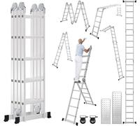 Escalera multifunción de aluminio 4x5, 582 cm. Escalera plegable multifuncional con 2 plataformas y 2 ruedas, ideal para uso doméstico y profesional. 20 peldaños. Capacidad máxima de carga: 150 kg