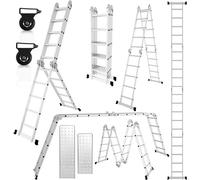 Escalera multiuso de aluminio 4x5, 582 cm de altura, con plataforma, ruedas y capacidad de carga de 150 kg