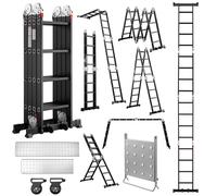 Escalera multiusos Teeno 7 en 1 de aluminio, de 4,7 metros, con 2 plataformas, 2 ruedas desmontables, soporte de trabajo para la escalera, pies de goma y una capacidad de carga de 150 kg