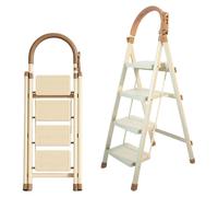 Escalera plegable de 4 peldaños en color beige, con soporte para herramientas, ligera, para uso doméstico, con una capacidad de carga de hasta 150 kg