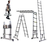 Escalera telescópica de 3,8 metros, escalera plegable con estabilizador y pies antideslizantes, escalera multiusos de acero inoxidable de alta calidad, con capacidad de carga de hasta 150 kg, ideal pa