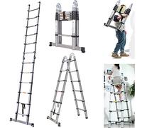 Escalera telescópica de acero inoxidable de 12,5 pies / 3,8 m, plegable, portátil, con marco en A, con bisagras, escalera telescópica para decorar/pintar, carga máxima 150 kg