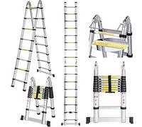 Escalera telescópica de Aluminio, 5 m, Multiusos, diseño telescópico, soporta hasta 150 kg (5 m, 2,5 + 2,5), Aluminio, Plata, 5 M 2.5+2.5