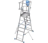 Escalera telescópica de plataforma KRAUSE, de altura regulable gracias al sistema ClickMatic, con barandilla alrededor