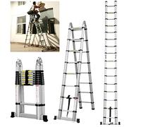 Escalera telescópica extensible de 2,5 + 2,5 m, robusta de acero inoxidable, marco en A, sistema de cierre suave, escalera de pie con estabilizador, 6 + 6 peldaños, 330 LB/150 kg, capacidad de carga