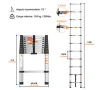 Escalera Telescópica Extensible de 3.2M (10.5 Pies) para Uso en el Hogar o la Oficina, Limpieza, Mantenimiento, Decoración