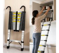 Escalera Telescópica Multiusos Antideslizante de Acero Inoxidable 2.6M-6.3M, Estándar EN131, Capacidad de Carga de 150kg, Retracción Portátil con un Solo Botón, Ganchos Extraíbles y Barra 4.4M No Hook