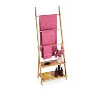 Escalera toallero plegable, bambú, 134 x 53 x cm, , 2 baldas, , , diseño compacto, para baño, dormitorio y recibidor, toallero de pie, estantería de baño, perchero, Relaxdays