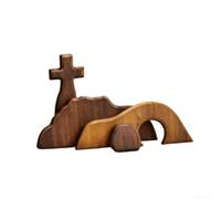 Escena de Pascua de madera, 23 x 10 x 4,5 cm, figura de resurrección de cruz de madera para decoración del hogar, jardín, estatua de tumba vacía