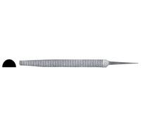 Escofina media caña, herramienta de metal con corte fino y mango ergonómico, ideal para moldear madera y eliminar imperfecciones.