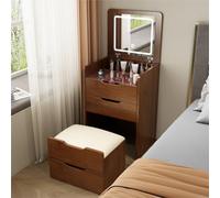 Escritorio 3 en 1 de nogal con espejo abatible y mesa de maquillaje compacta con parte superior de cristal y 3 cajones, elegante tocador para dormitorio para mujeres (60 cm)