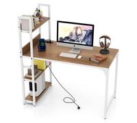 Escritorio COSTWAY con estación de carga, mesa de ordenador con estantería y estructura de metal, escritorio de oficina de madera con puertos USB y enchufes, mesa para ordenador, diseño natural