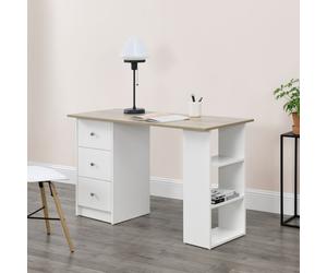 Escritorio de 120x50x72 cm. Mesa de oficina con cajones. Blanco/roble. Estantería, mesa para ordenador. [en.casa]