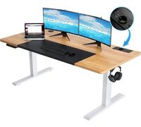 Escritorio de altura ajustable de 140x60 cm con puerto USB y ganchos, mesa de ordenador eléctrica, escritorio de pie, escritorio elevable, color marrón