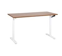 Escritorio De Altura Regulable Manualmente Oficina Moderna Patas Redondas 160 X 72 Cm Tablero Madera Oscura Soporte De Acero Blanco Destinas