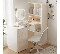 Escritorio de esquina STILVORA con estantería, escritorio con 4 compartimentos de almacenamiento y 3 cajones extraíbles, color blanco