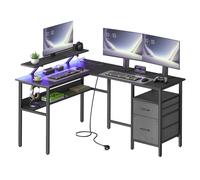 Escritorio en L con Regleta, Escritorio Esquinero, Elevador de Pantalla, LED, 2 Cajones, 2 Puertos USB, Negro