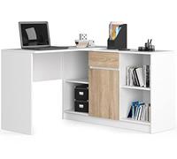 Escritorio esquinero AKORD B17 Blanco 120 cm Conjunto con cómoda de 1 puerta 1 cajón frente en color Roble Sonoma 6 estantes 120x126x79 cm