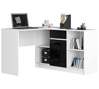 Escritorio esquinero AKORD B17 Blanco 120 cm Conjunto con cómoda de 1 puerta 1 cajón frente en color Negro Brillo 6 estantes 120x126x79 cm