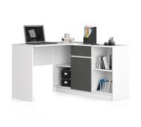 Escritorio esquinero AKORD B17 Blanco 120 cm Conjunto con cómoda de 1 puerta 1 cajón frente en color Grafito Gris 6 estantes 120x126x79 cm