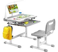Escritorio infantil con altura ajustable, escritorio escolar con inclinación regulable, escritorio juvenil con lámpara LED y soporte para libros, set de escritorio para niños con silla y cajón (gris)