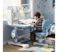 Escritorio infantil con silla, regulable en altura, ergonómico, con superficie de escritorio inclinable hasta 50 grados, cajón de almacenamiento y estanterías, juego de escritorio y silla para niños