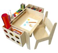 Escritorio infantil de madera GINGER HOME con superficie ajustable en altura, silla y organizador, mesa de dibujo Montessori, set de aprendizaje para niños, madera natural, 77 × 50 × 52 cm