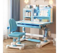 Escritorio infantil, juego de escritorio y silla regulable en altura para niñas, mesa de estudio infantil y juego de silla con superficie de mesa más ancha y cajones de almacenamiento (Azul 6)
