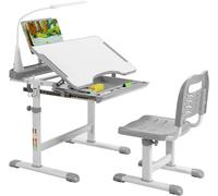 Escritorio infantil regulable en altura, con superficie inclinable, cajón, soporte para libros y luz LED. (Color: Gris)