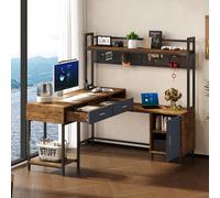 Escritorio MODFU con estantería, 140 x 140 x 135 cm, escritorio de esquina en forma de L, mesa para portátil con cajones y panel trasero, color y color natural