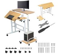 Escritorio móvil ajustable (CarmC-124 con ruedas, hoja inclinable 80x60 cm, altura ajustable 67-115 cm, capacidad de carga de 50 kg, hoja lateral de diseño ergonómico, hogar, oficina, estudio (blanco)
