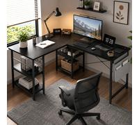 Escritorio negro en forma de L y recto, 2 opciones de montaje, con estantes ajustables para oficina, hogar y juegos