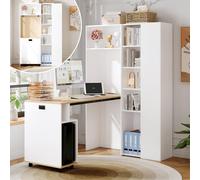 Escritorio plegable con estantería, toma de corriente USB, altura ajustable, color blanco. Escritorio de esquina, lado derecho