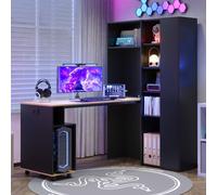 Escritorio plegable STILVORA con estantería 2 en 1 y compartimentos, escritorio de esquina con toma de corriente y puerto USB, mesa de ordenador con sistema antirrobo y estanterías de altura ajustable