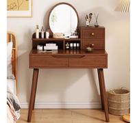 Escritorio Vani de madera de nogal con espejo LED ajustable y 3 luces | Mesa de maquillaje que ahorra espacio con Sto para dormitorio y vestidor
