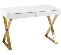 Escritorio WOHNLING, 118x76x57 cm, madera con acabado blanco brillante, patas de metal doradas, diseño moderno. Mesa para ordenador, mesa de escritorio, consola con cajones
