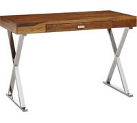Escritorio WOHNLING de 120x55x78 cm, fabricado en madera maciza de sheesham y metal con diseño cromado. Escritorio de oficina con cajón, ideal para trabajar desde casa, como mesa para portátil o como