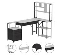 Escritorio Zimilo en forma de L con estantería y enchufes, escritorio de esquina con cajones, mesa para juegos para oficina en casa, mesa de trabajo, mesa para ordenador, color blanco