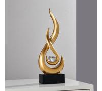 Escultura abstracta dorada de llamas, hecha de resina y vidrio, con esfera de cristal desmontable. Figura decorativa de 10 x 4,5 x 29 cm, ideal para salón, oficina o dormitorio