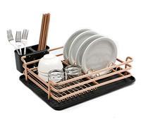 Escurreplatos de y aluminio - Compacto escurridor de platos con bandeja de goteo y desagüe giratorio - Rejilla escurreplatos con cubertero para la encimera