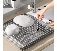 Escurreplatos Plegable y Extraíble | Escurridor de Platos para Fregadero | Rejilla de Goteo para Tazas, Frutas, Verduras, Acero Inoxidable SUS 304 y Silicona, Organizador de Cocina (Negro 45 x 35)