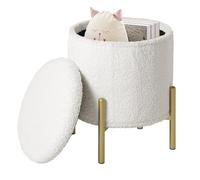 eSituro Taburete Almacenaje Redondo, 18L Baul Almacenaje Plegable con Asiento Tapizado en Felpa, Taburete Bajo con Almacenamieto, Reposapiés de Sofá y Cama, Patas de Metal, 35x41 cm (φ x Alto), Blanco