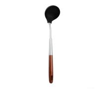 Espátula y cucharón de cocina de silicona negra, marco de acero inoxidable 304 con mango de madera, seguro para no ollas (caja)