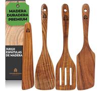 Espátulas Madera Para Cocinar - Juego de 4 Utensilios de Cocina Madera de Teca, incluye Espátula volteadora, ranurada, raspador y para freír. Accesorios Cocina - Duraderos y Antiadherentes