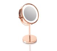 Espejo cosmético y de maquillaje con iluminación LED, modelo RIO MMST, con rotación de 360°, zoom de 1x/5x, funciona con 4 pilas AAA, color rosa