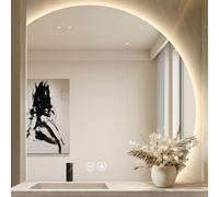 Espejo de baño con iluminación, espejo de baño semicircular LED con luz, 80 cm, espejo de baño redondo con 3 colores de luz regulable, interruptor táctil, antivaho, IP66 HD, asimétrico (A, 80 x 80 cm)